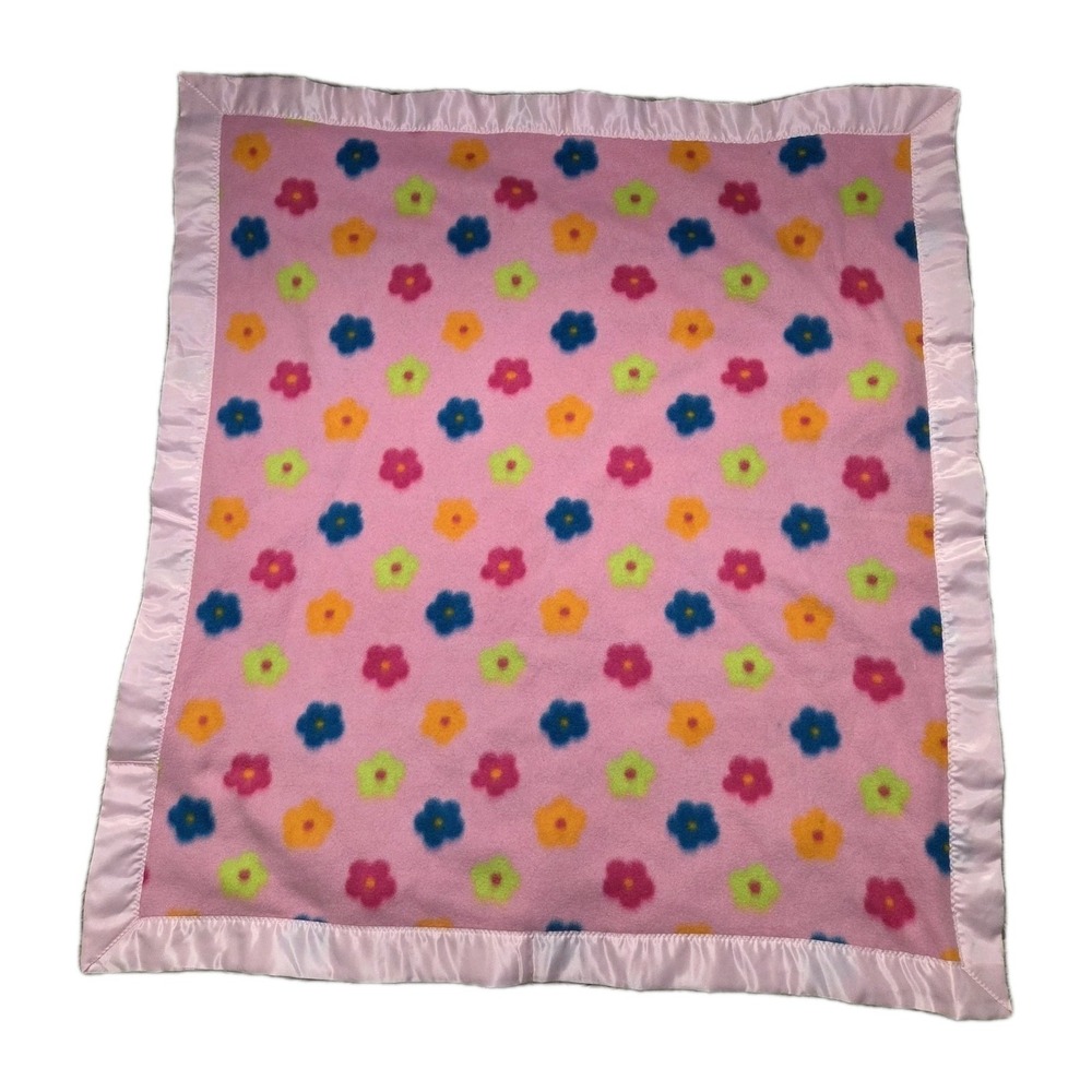 Baby Girl Pink Fleece Blanket Satin Trim Floral Security Lovey Lovie Nursery